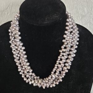 Sterling Silver Stamped 5 Strands Of Gray Freshwater Pearl Necklace. Luc925cn